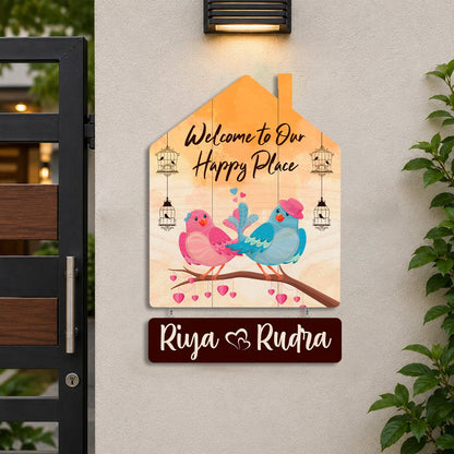 Hut-Style Design Love Birds Family Name Plate for Front Door - Sblossom