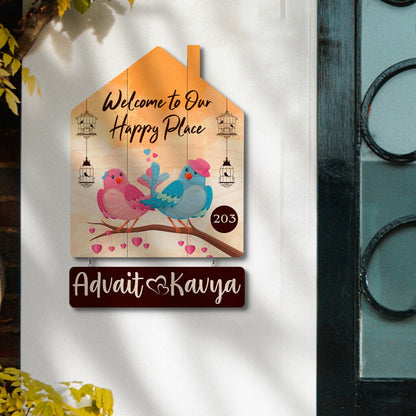 Hut-Style Design Love Birds Family Name Plate for Front Door - Sblossom