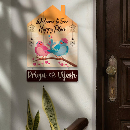 Hut-Style Design Love Birds Family Name Plate for Front Door - Sblossom