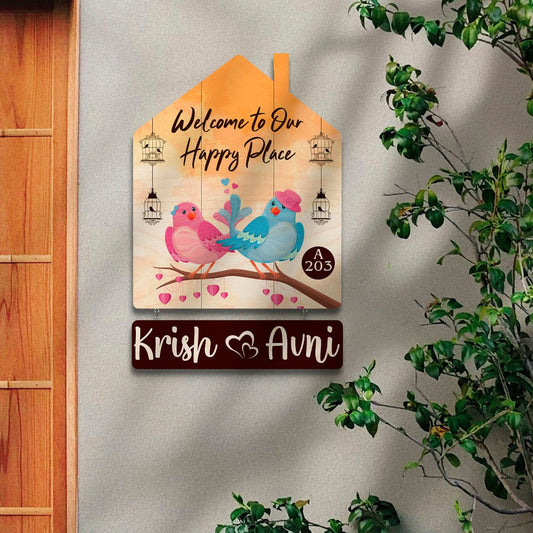 Hut-Style Design Love Birds Family Name Plate for Front Door - Sblossom