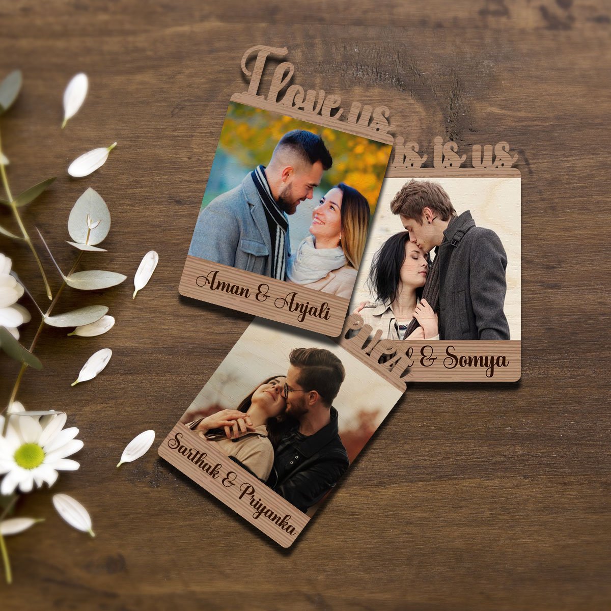 I Love Us Couple Magnet in Wood with Cutout Photo and Names, 5x3.5 Inch - Sblossom