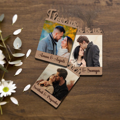 I Love Us Couple Magnet in Wood with Cutout Photo and Names, 5x3.5 Inch - Sblossom
