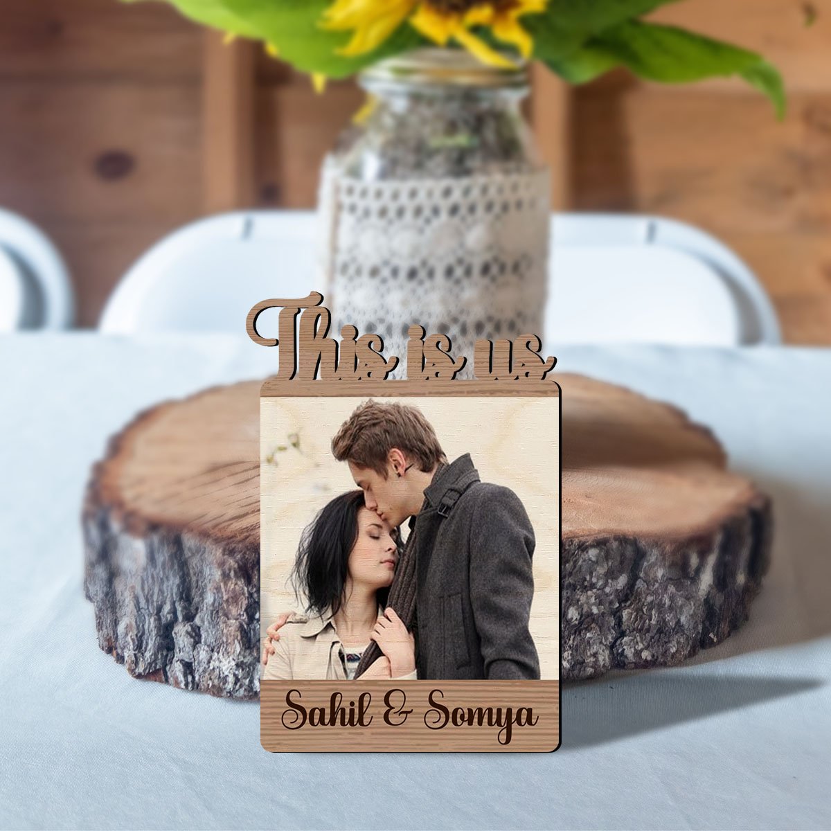 I Love Us Couple Magnet in Wood with Cutout Photo and Names, 5x3.5 Inch - Sblossom
