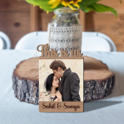 I Love Us Couple Magnet in Wood with Cutout Photo and Names, 5x3.5 Inch - Sblossom