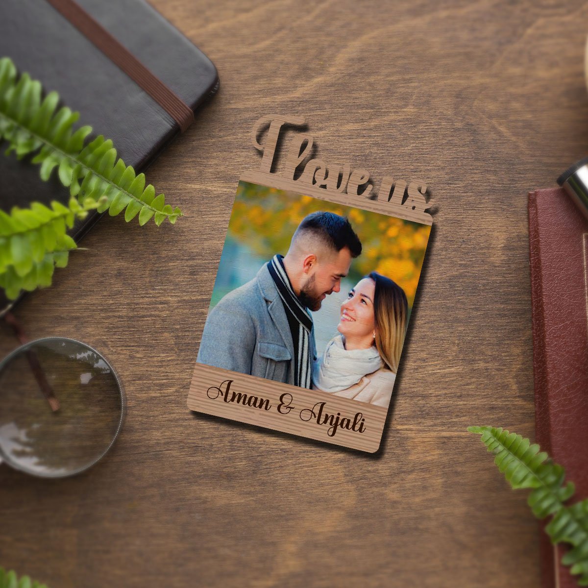 I Love Us Couple Magnet in Wood with Cutout Photo and Names, 5x3.5 Inch - Sblossom