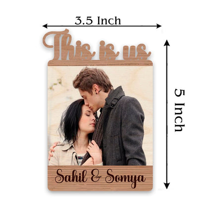 I Love Us Couple Magnet in Wood with Cutout Photo and Names, 5x3.5 Inch - Sblossom