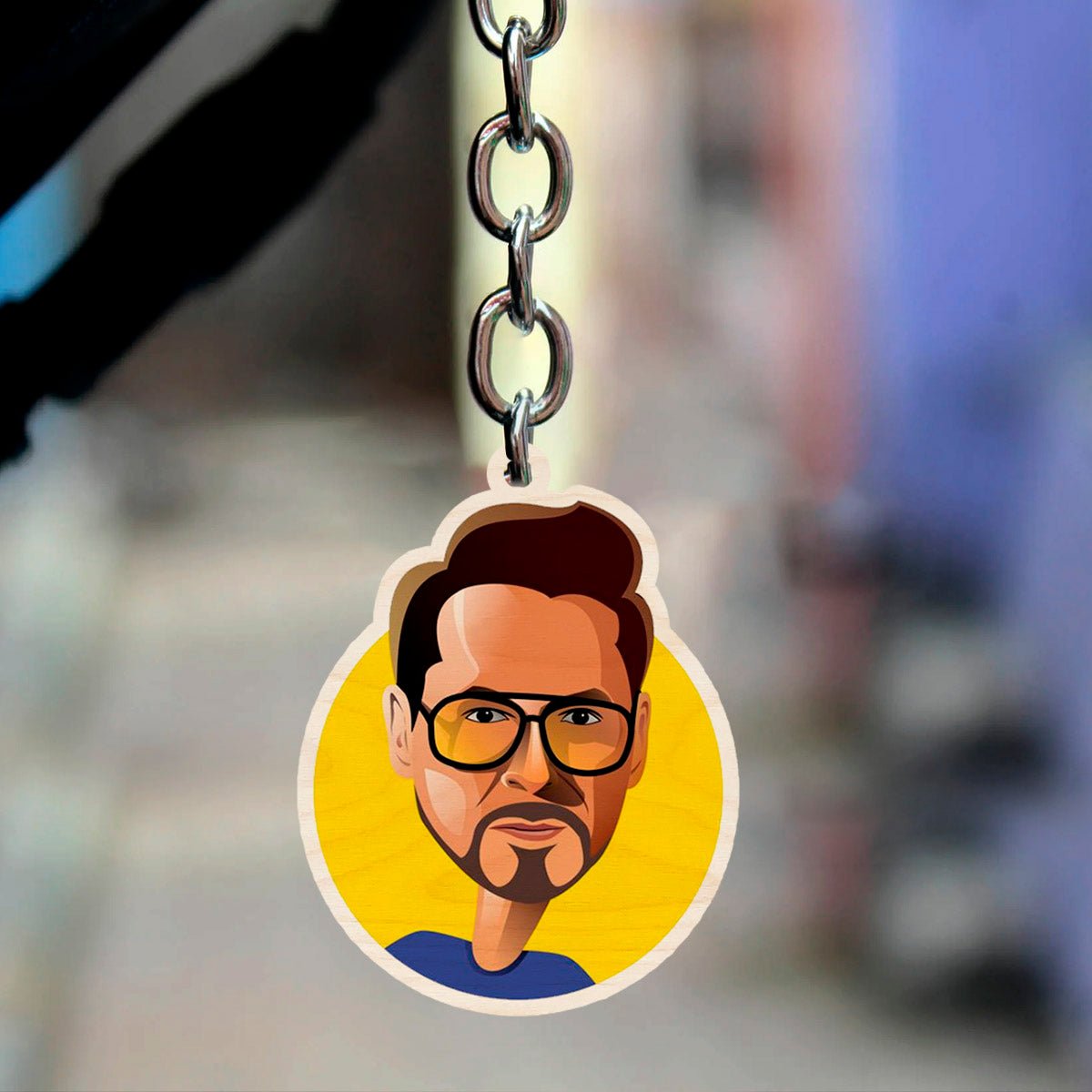 Iron Man Keychain in Wood with Tony Stark Shades Round Design - Sblossom