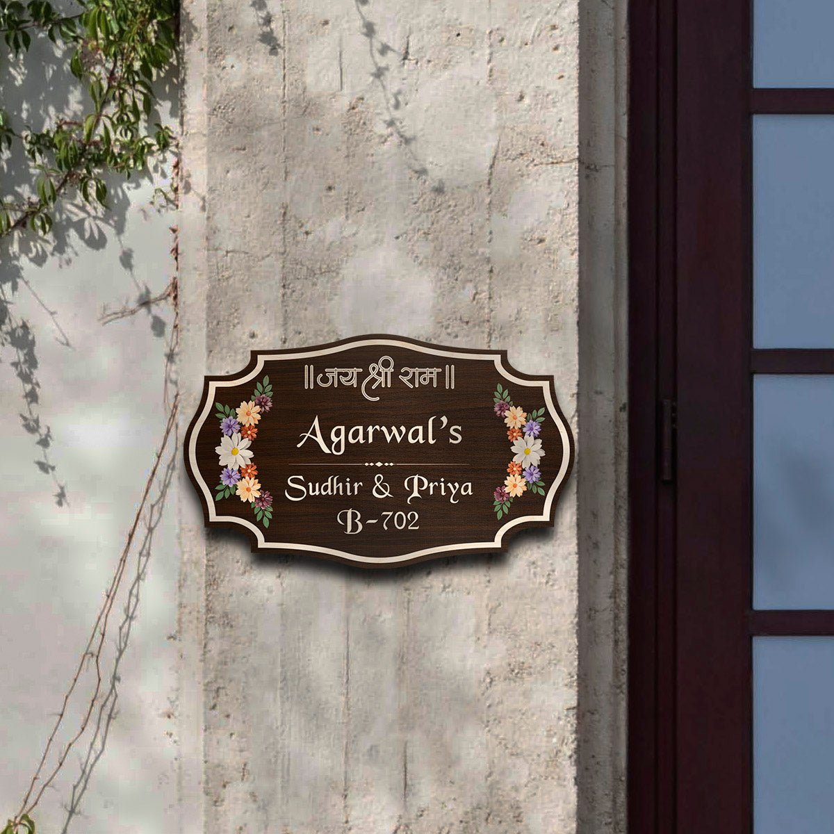 Jai Shree Ram Name Plate – Floral Wood for Main Door - Sblossom