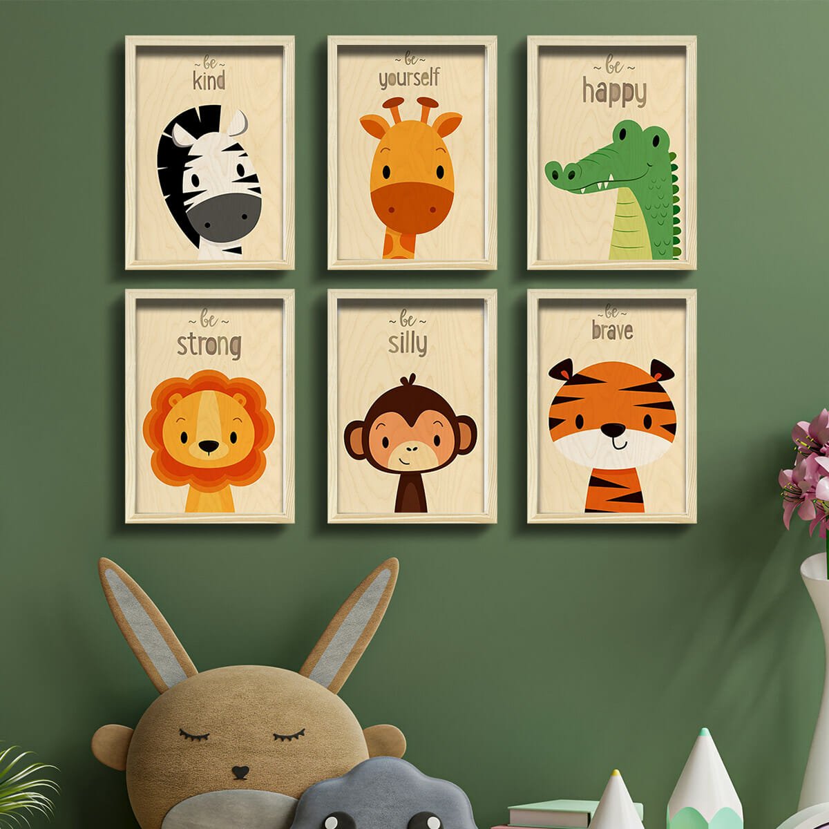 Kids Room Wall Art in Wood with Cheerful Animal Grid Design - Sblossom