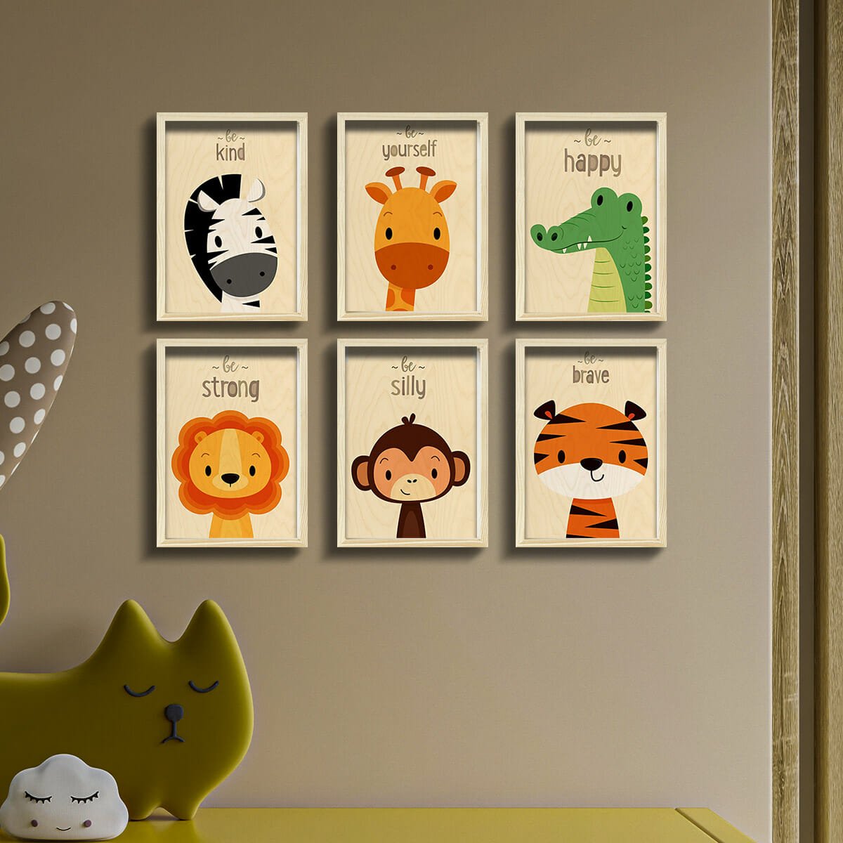 Kids Room Wall Art in Wood with Cheerful Animal Grid Design - Sblossom