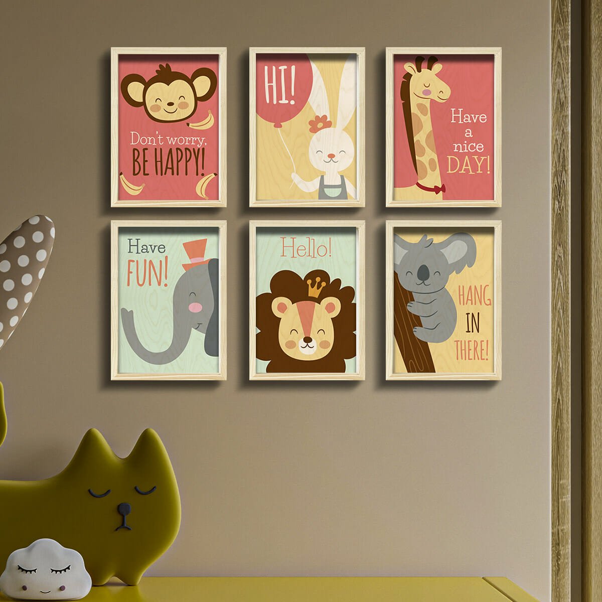 Kids Room Wooden Frame with Pine Border and Animal Design - Sblossom