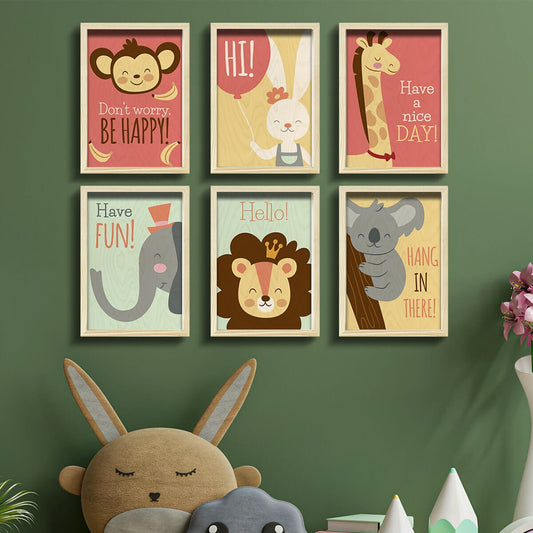 Kids Room Wooden Frame with Pine Border and Animal Design - Sblossom