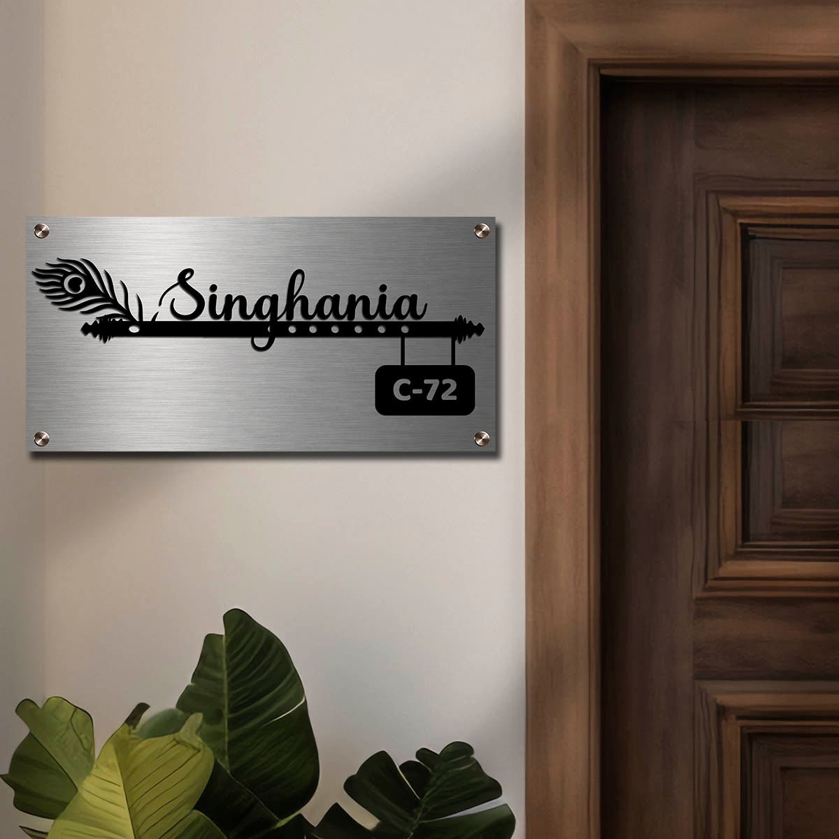 Krishna Flute Name Plate for Home — Stainless Steel - Sblossom