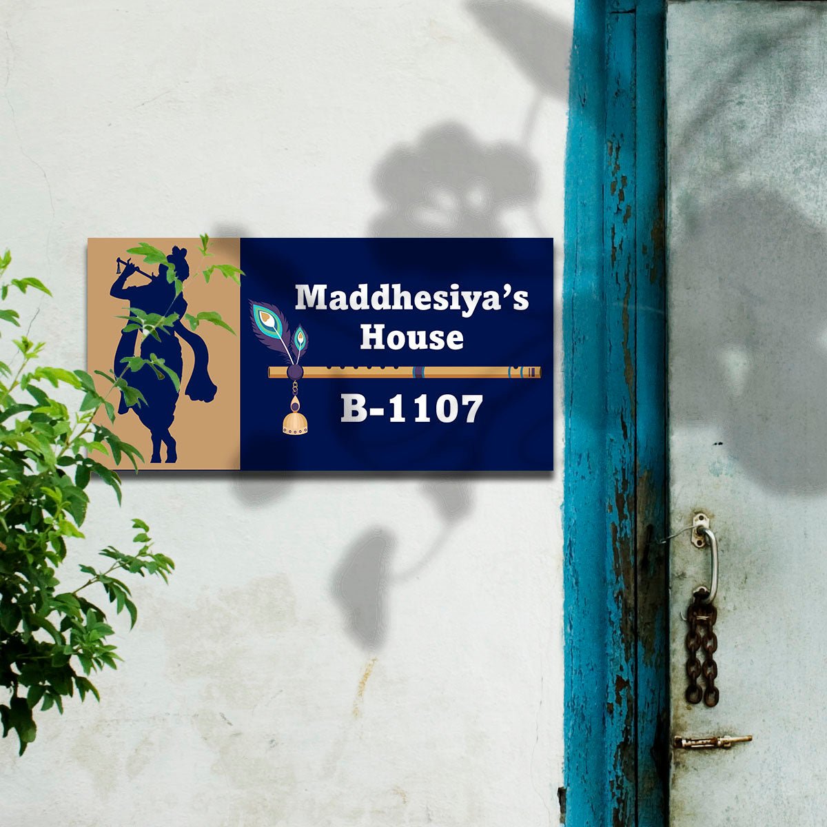 Krishna Name Plate – Flute Silhouette with Bansuri 3D - Sblossom