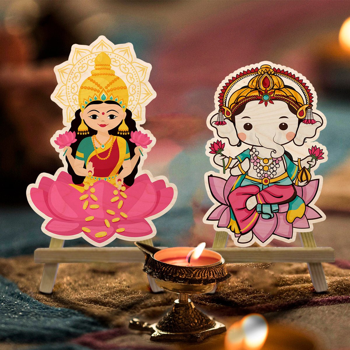 Laxmi Ganesh Wood Print with Easel Stand for Pooja Table Decor - Sblossom