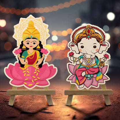 Laxmi Ganesh Wood Print with Easel Stand for Pooja Table Decor - Sblossom