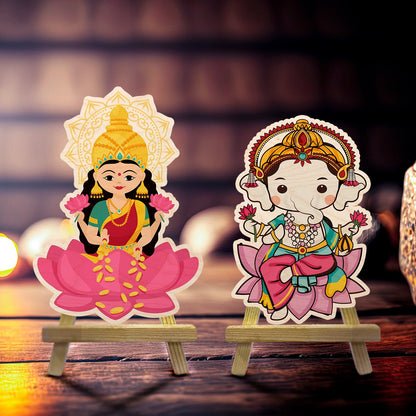 Laxmi Ganesh Wood Print with Easel Stand for Pooja Table Decor - Sblossom