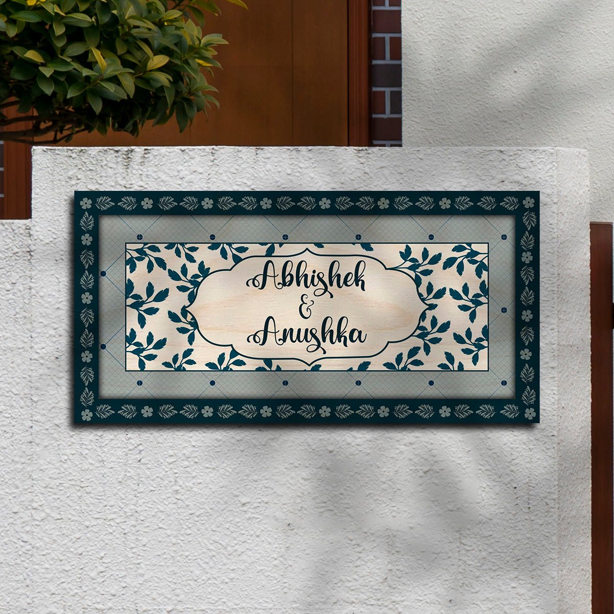 Leaf-Lattice Bordered Name Plate Design for Home - Sblossom