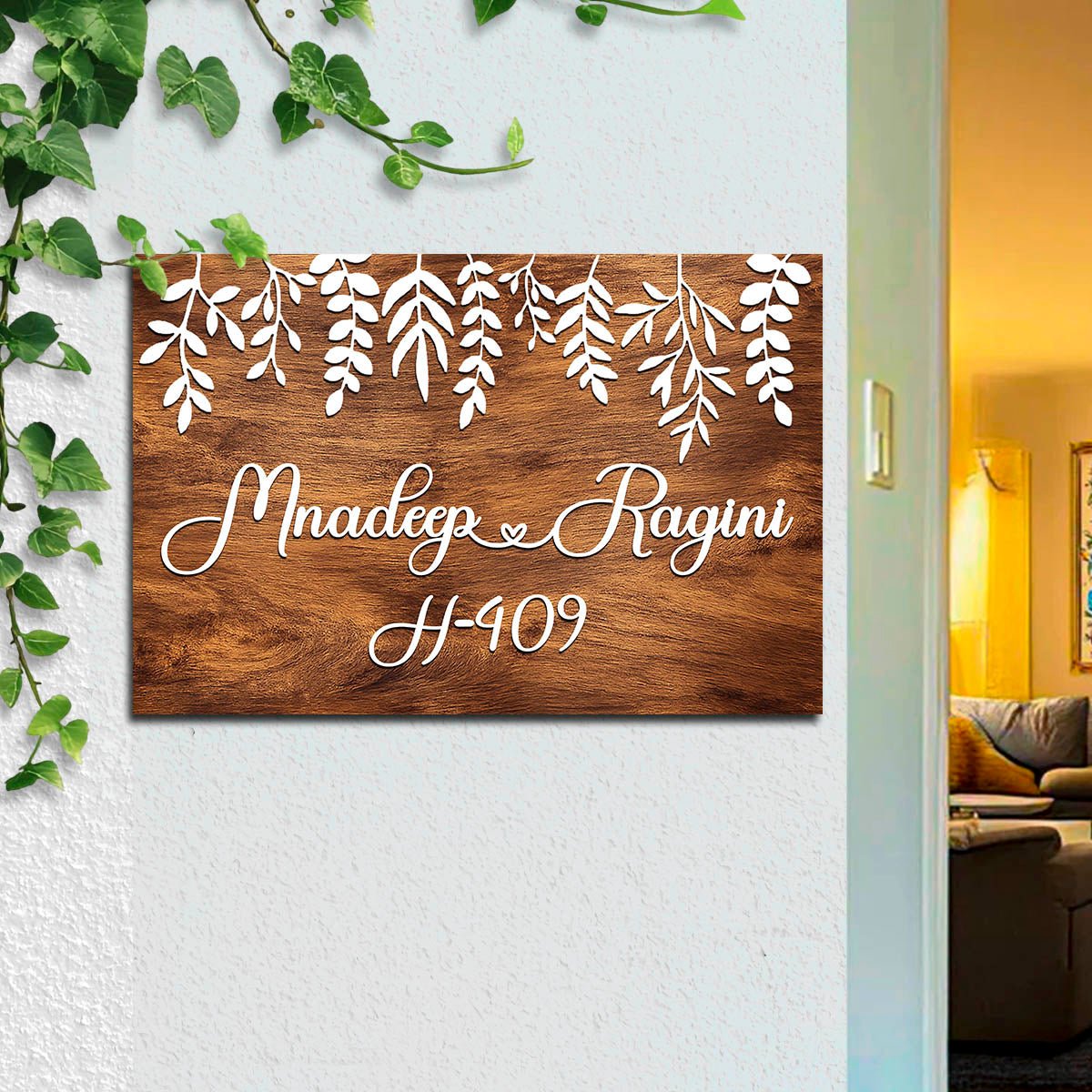 Leaf-Pattern Wooden Name Plate for House - Sblossom