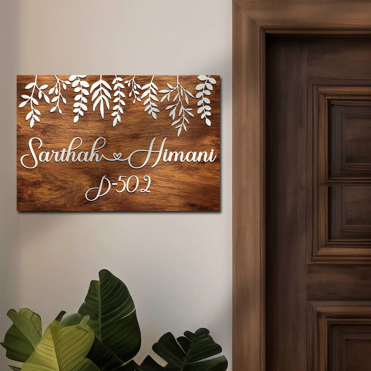 Leaf-Pattern Wooden Name Plate for House - Sblossom