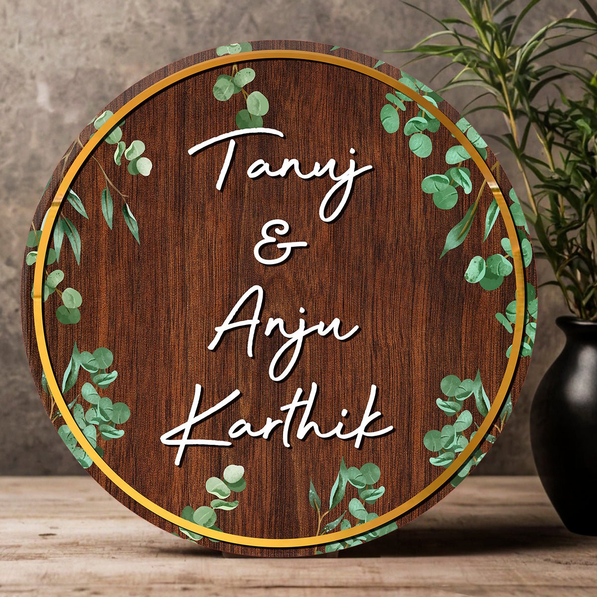 Leaf-Vine Round Acrylic Wood Name Plate for Home - Sblossom