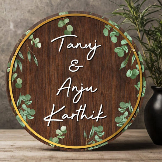 Leaf-Vine Round Acrylic Wood Name Plate for Home - Sblossom