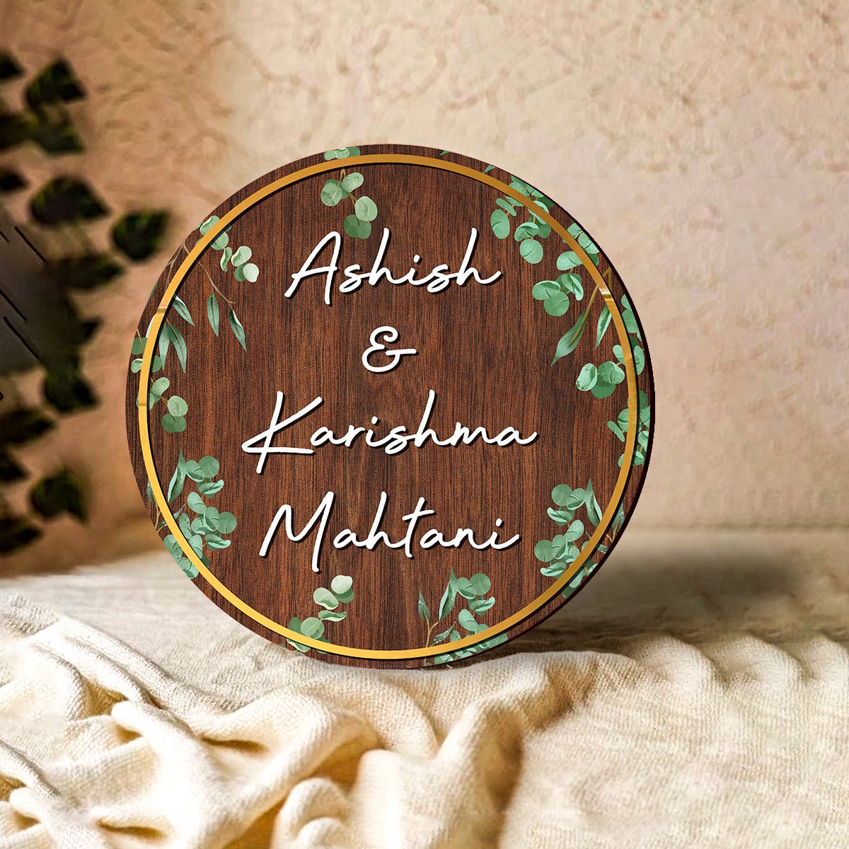 Leaf-Vine Round Acrylic Wood Name Plate for Home - Sblossom