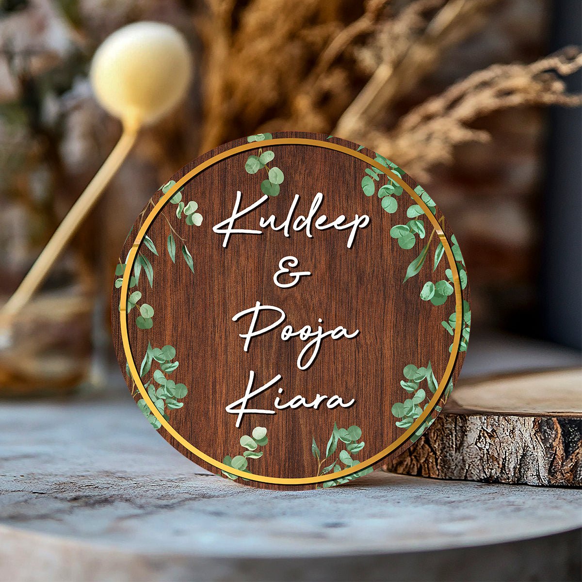 Leaf-Vine Round Acrylic Wood Name Plate for Home - Sblossom