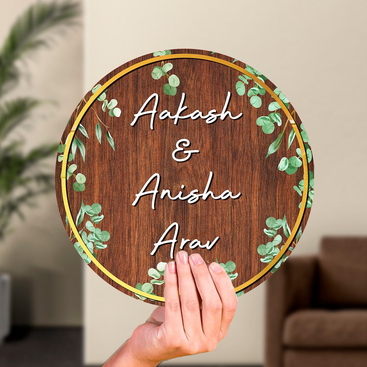 Leaf-Vine Round Acrylic Wood Name Plate for Home - Sblossom