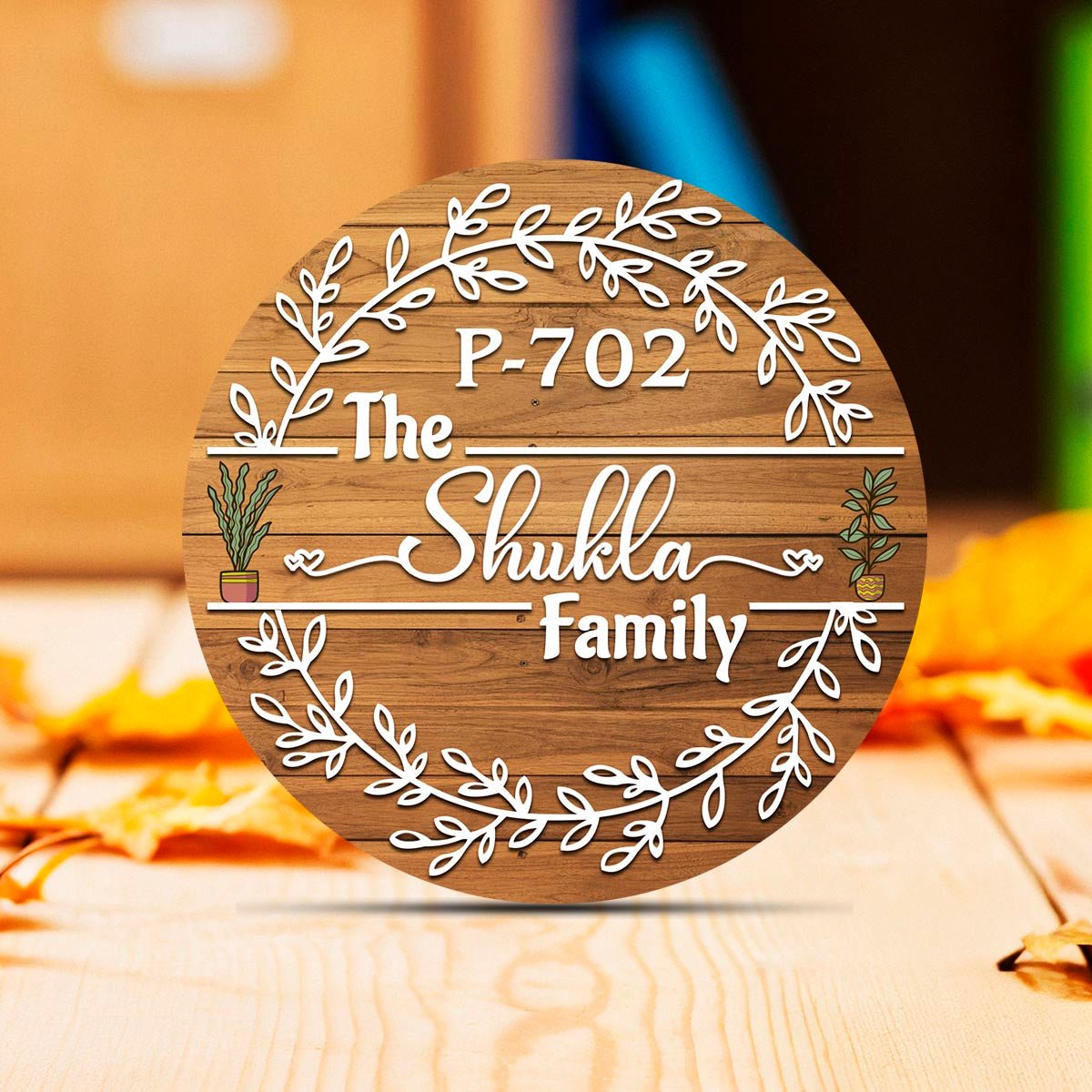 Leaf-Wreath Board Round Name Plate for Main Door, 12x12 Inch - Sblossom