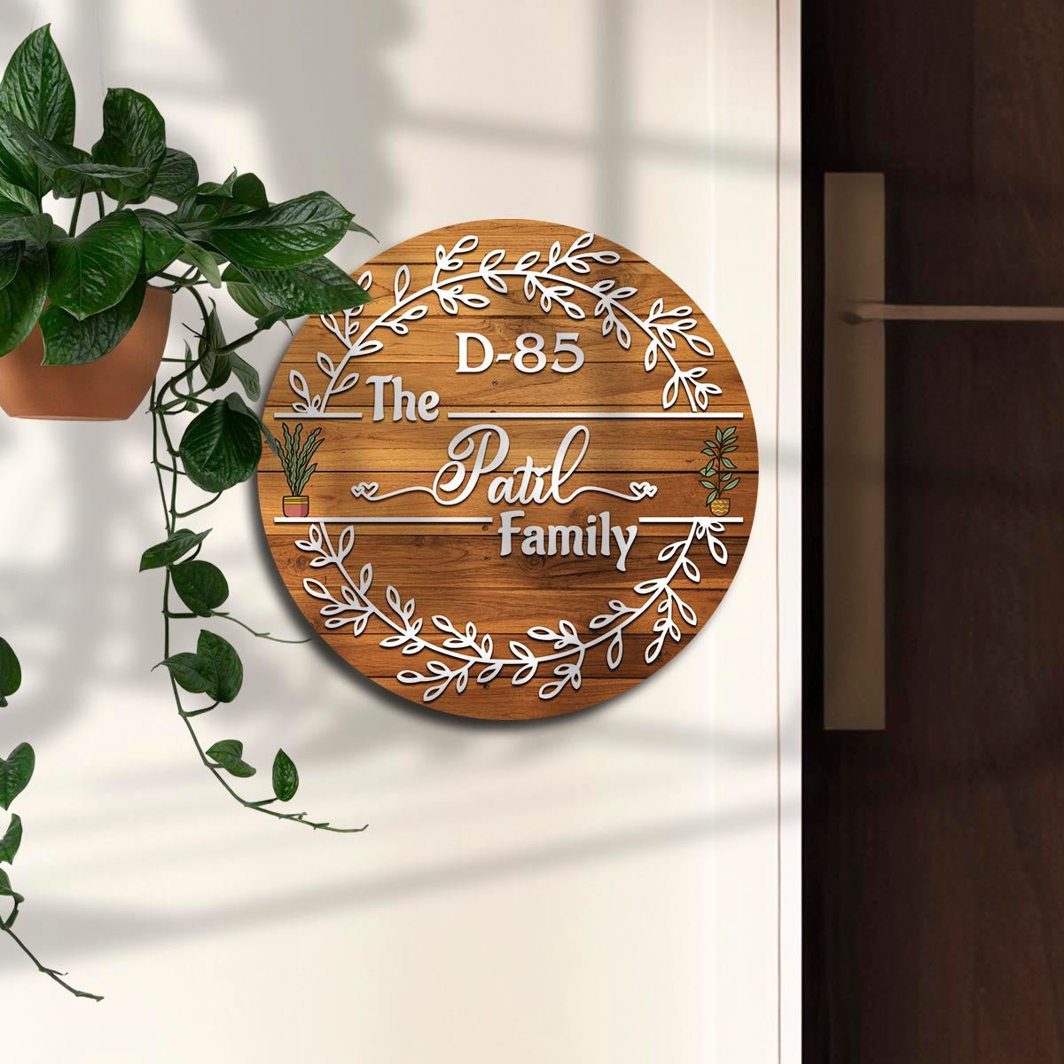 Leaf-Wreath Board Round Name Plate for Main Door, 12x12 Inch - Sblossom