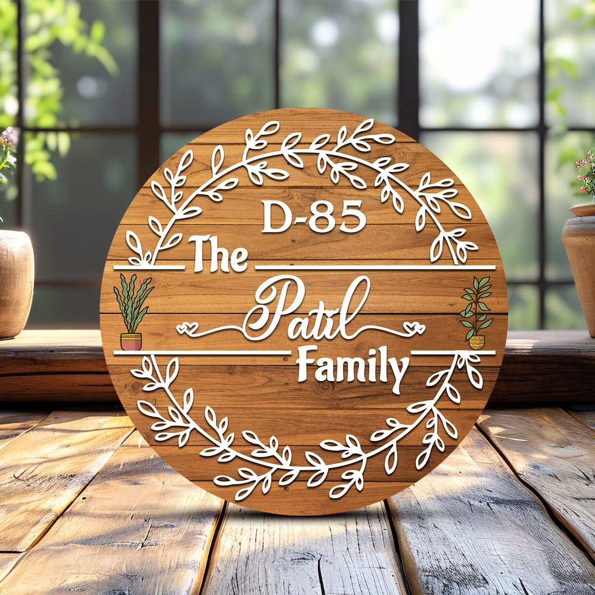 Leaf-Wreath Board Round Name Plate for Main Door, 12x12 Inch - Sblossom