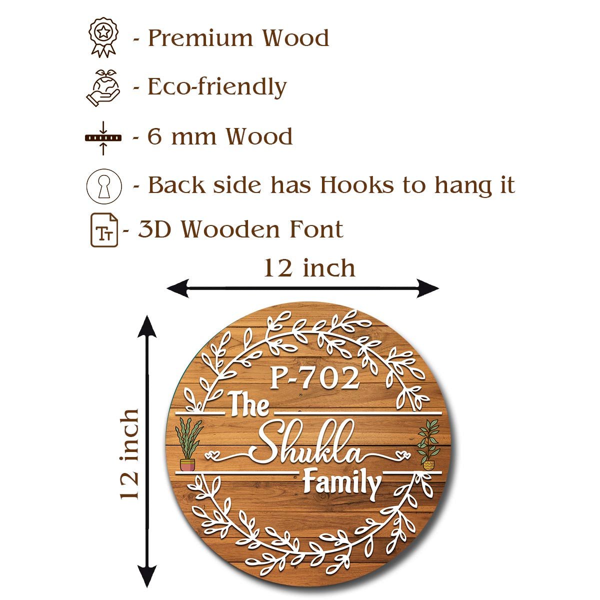 Leaf-Wreath Board Round Name Plate for Main Door, 12x12 Inch - Sblossom