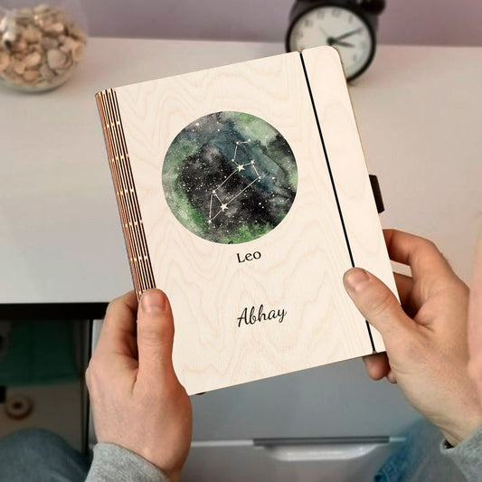 Leo Zodiac Wooden Diary with Personalized Birthday Cover Design - Sblossom