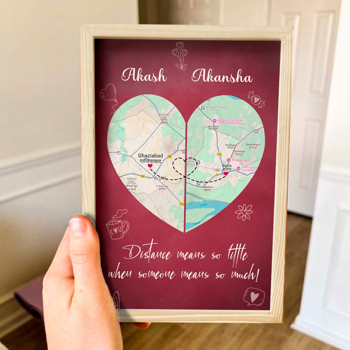 Long Distance Love Map in Wood with Personalized You and Me Design - Sblossom