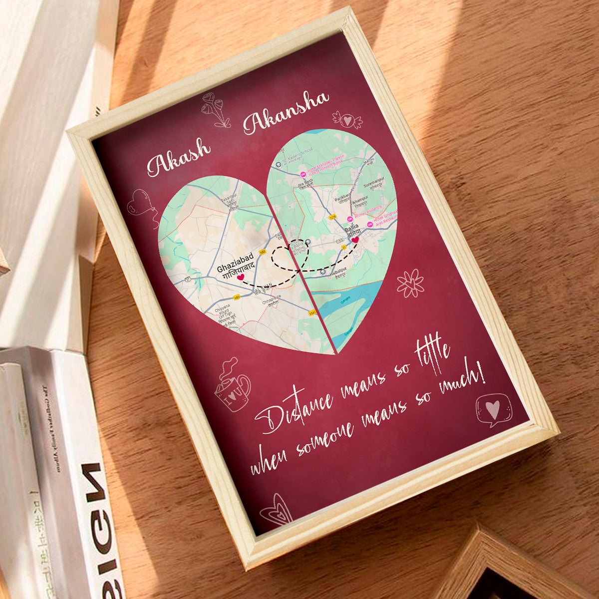 Long Distance Love Map in Wood with Personalized You and Me Design - Sblossom