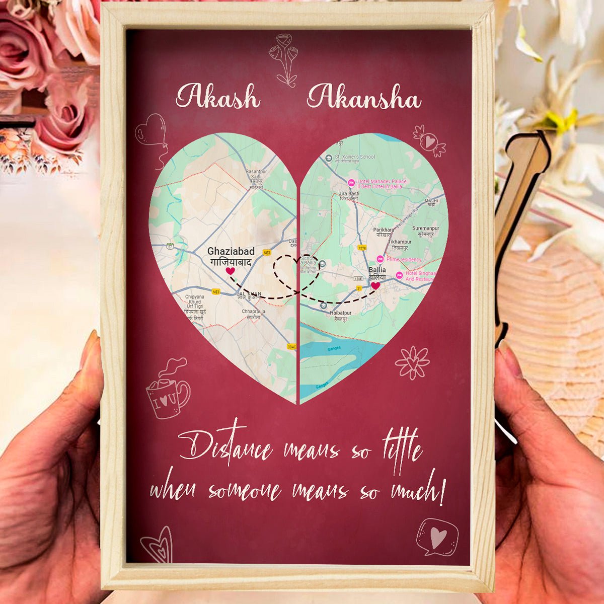 Long Distance Love Map in Wood with Personalized You and Me Design - Sblossom
