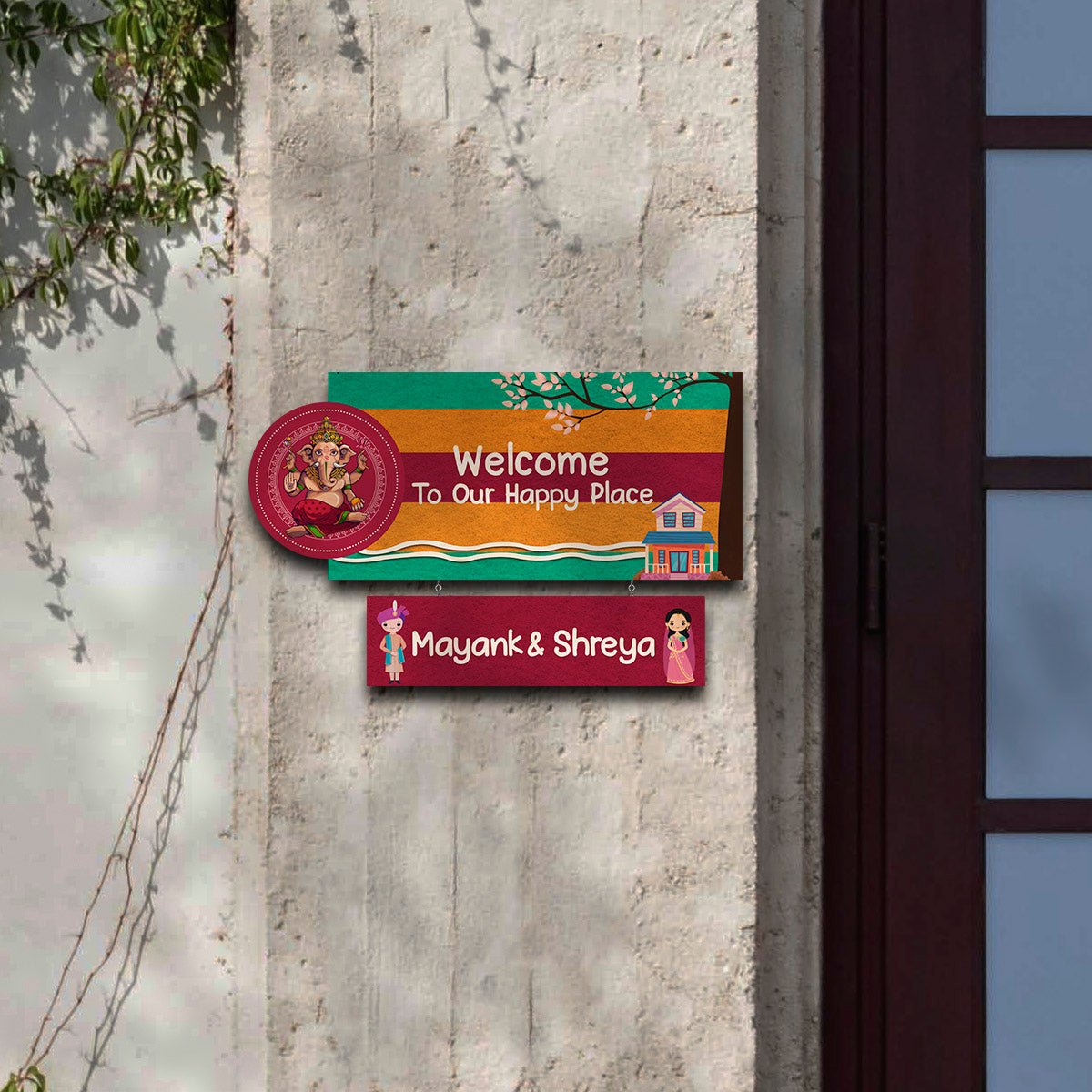 Lord Ganesha Blessing Wood Name Plate for Entrance - Sblossom