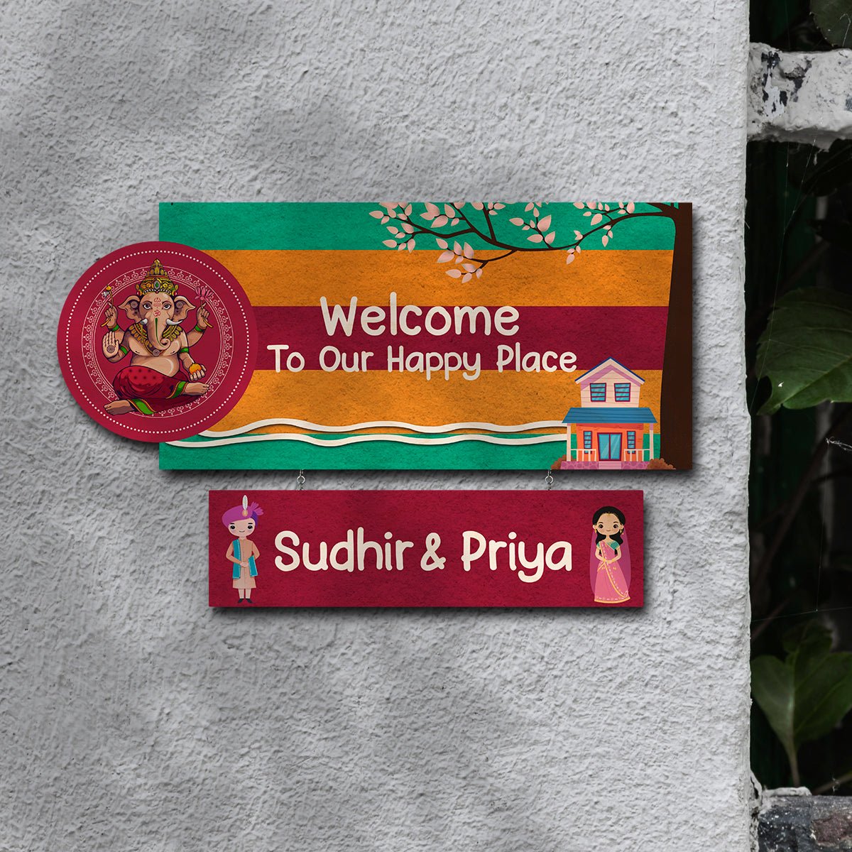 Lord Ganesha Blessing Wood Name Plate for Entrance - Sblossom