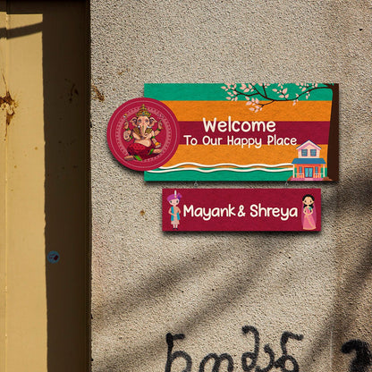 Lord Ganesha Blessing Wood Name Plate for Entrance - Sblossom