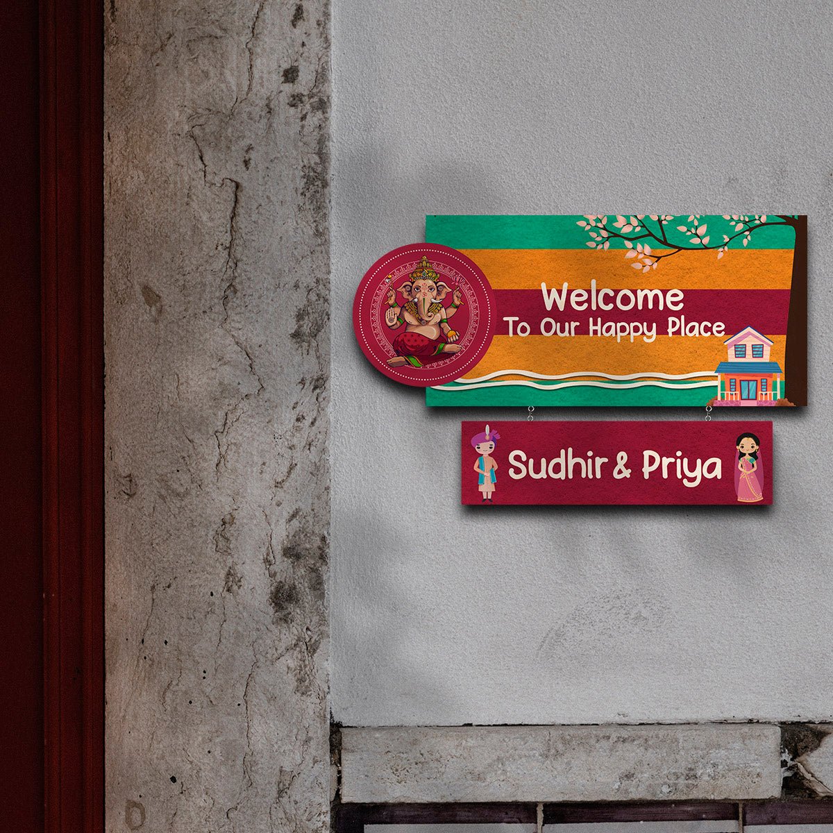 Lord Ganesha Blessing Wood Name Plate for Entrance - Sblossom