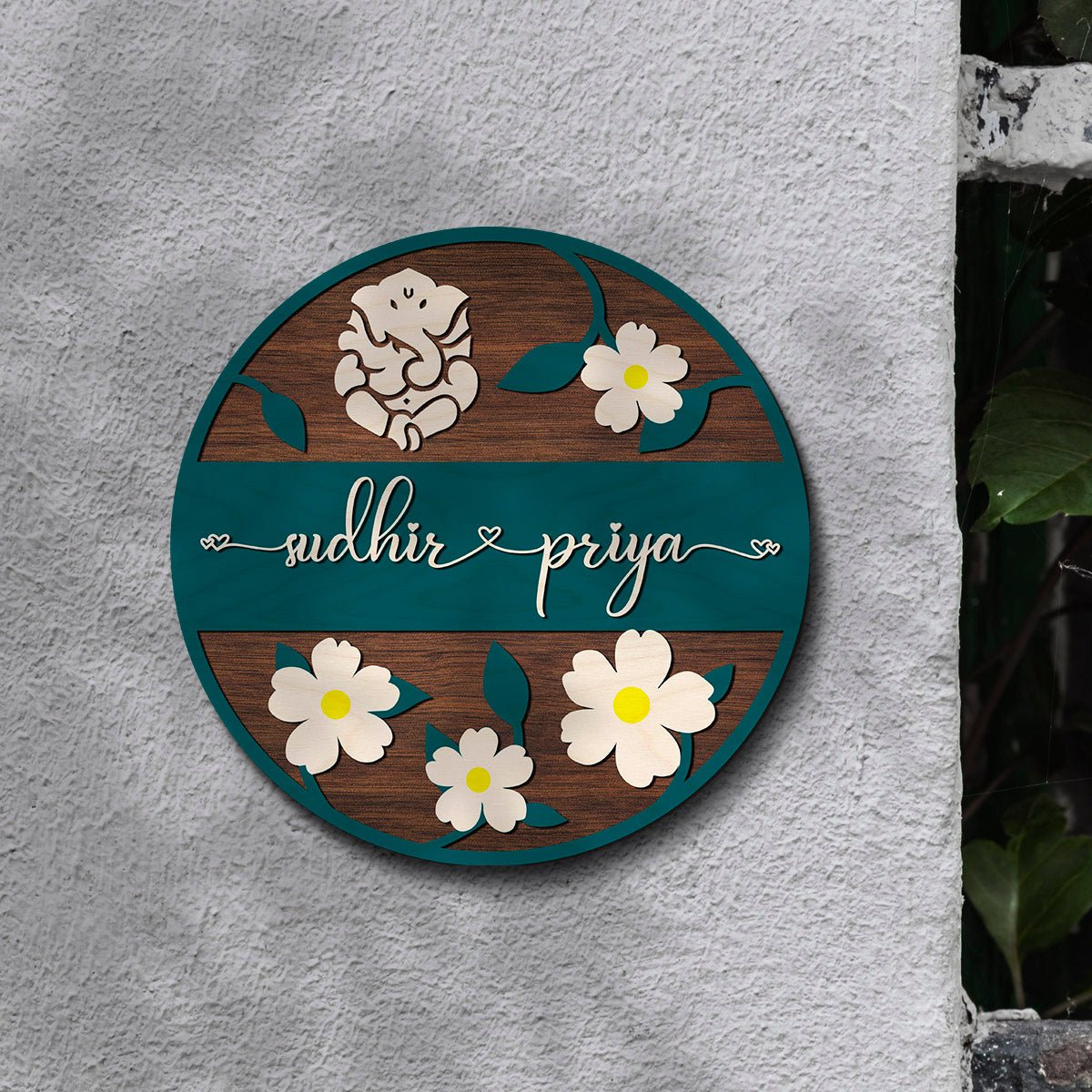 Lord Ganesha Floral Name Plate for Main Gate – Round - Sblossom