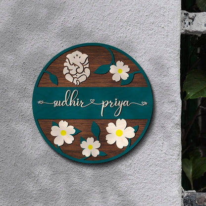 Lord Ganesha Floral Name Plate for Main Gate – Round - Sblossom