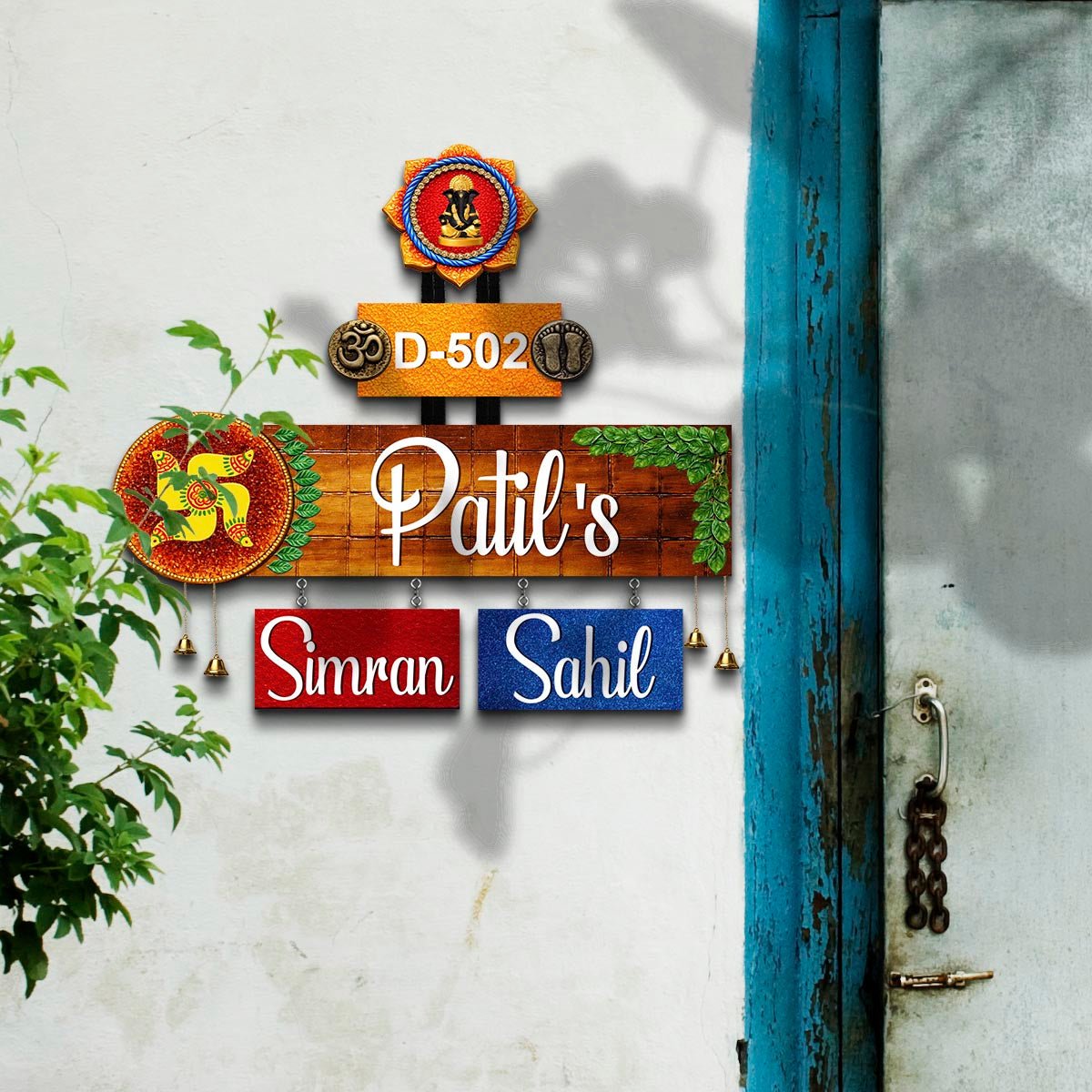 Lord Ganesha Swastik Hanging Name Plate for Home Door - Sblossom
