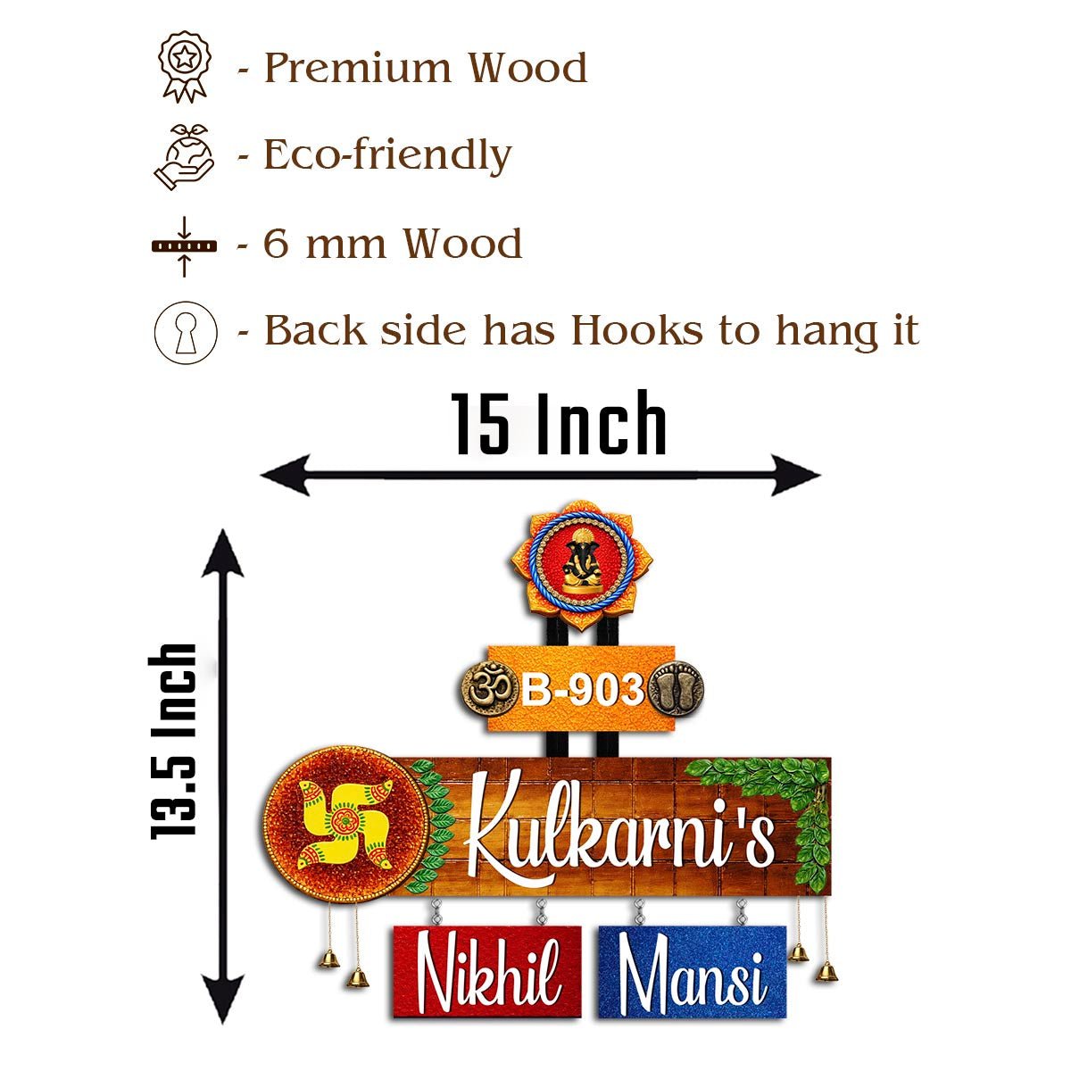 Lord Ganesha Swastik Hanging Name Plate for Home Door - Sblossom