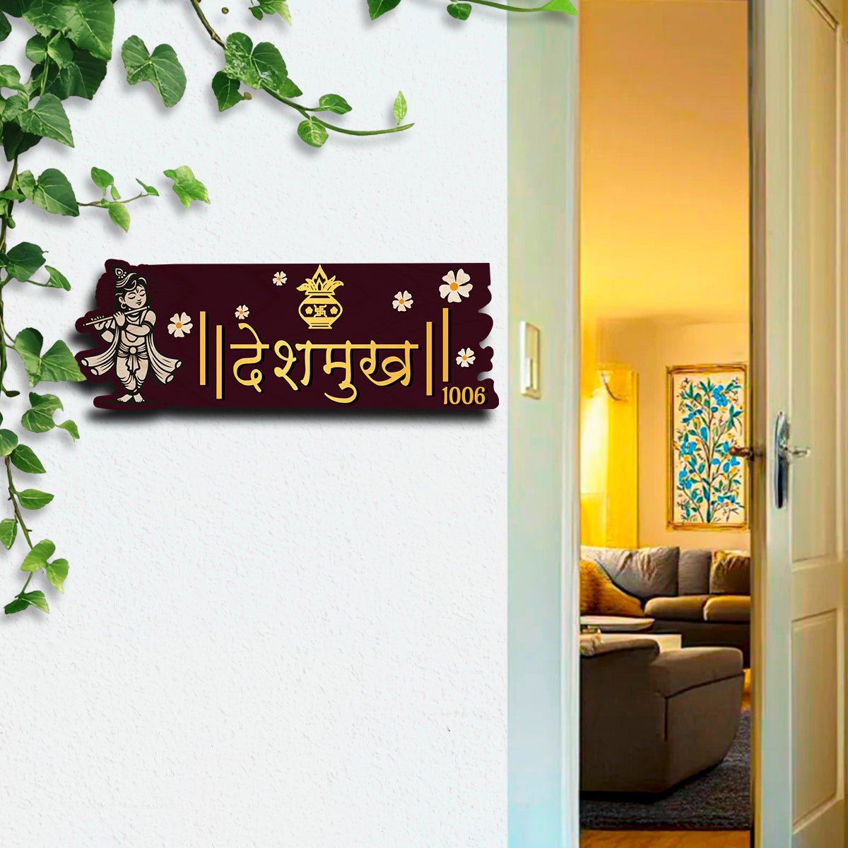 Lord Krishna Flute Name Plate for Home - Sblossom