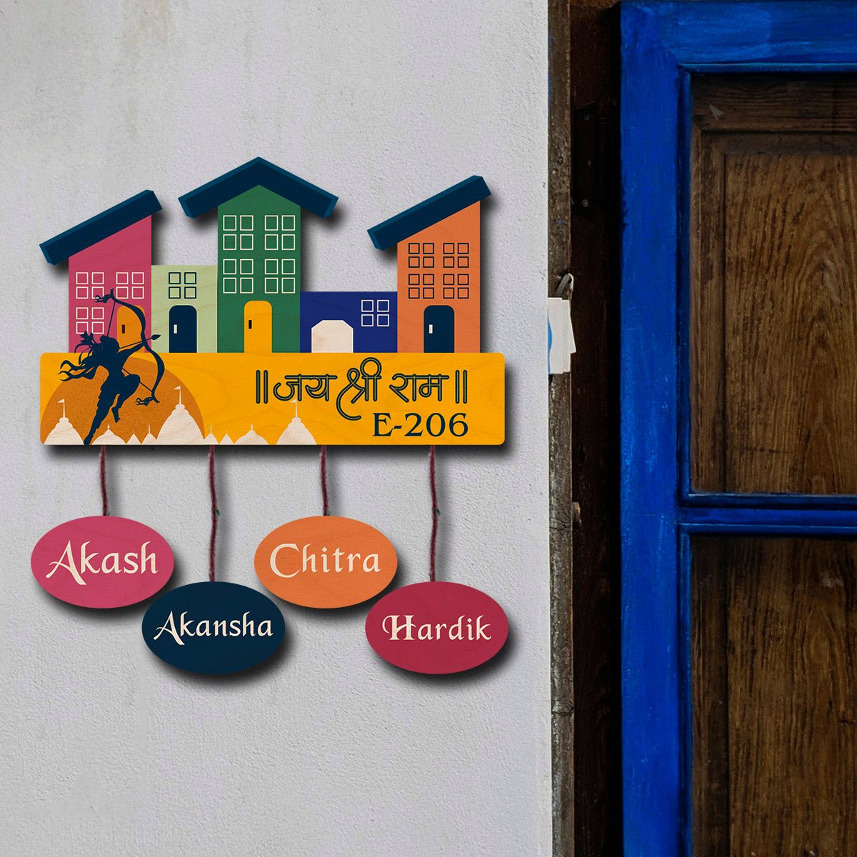 Lord Rama Motif Customised Name Plate for Door with Two Kids - Sblossom