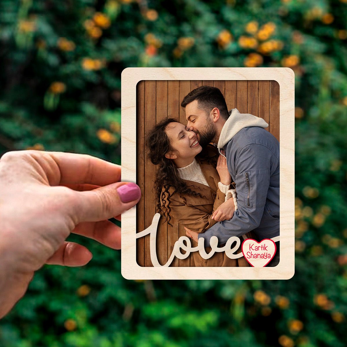 Love Cutout Couple Magnet in Wood with Photo and Names Design - Sblossom