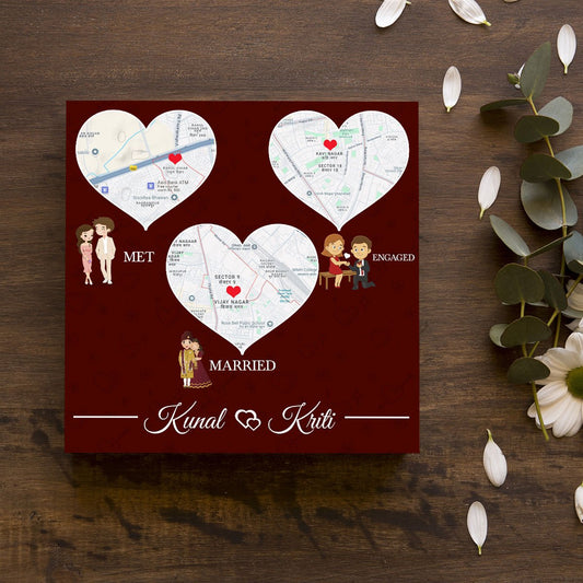 Love Map Trio Wood Print with Personalized Three Place Design - Sblossom