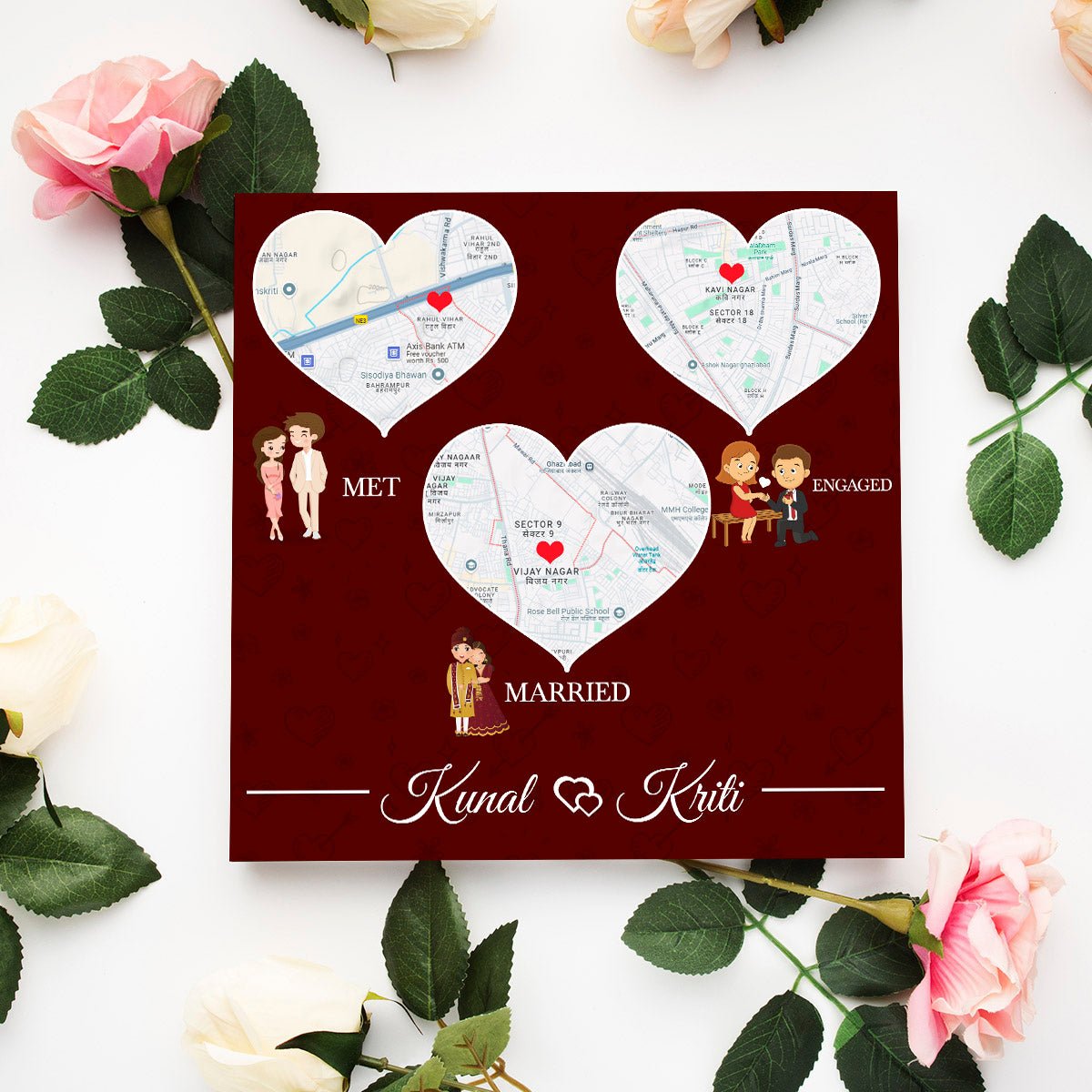 Love Map Trio Wood Print with Personalized Three Place Design - Sblossom